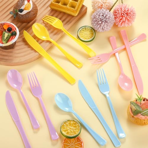 Kochorie 300 Pcs Pastel Plastic Silverware, Heavy Duty Plastic Cutlery Set - color: Macaron