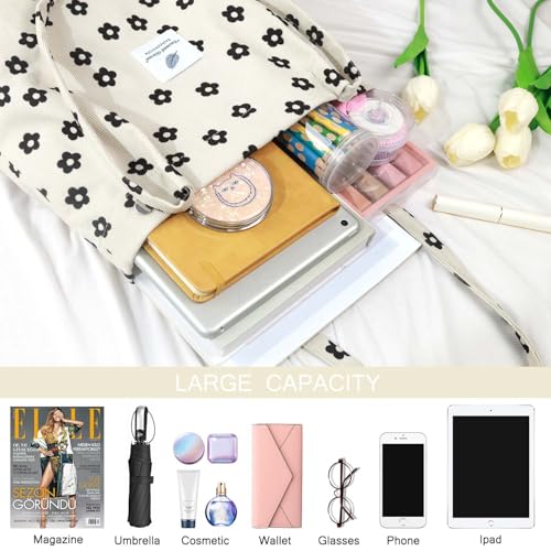 Ayieyill Corduroy Tote Bag for Women Canvas Shoulder Cord Purse with Inner Pocket - color: Black Flower