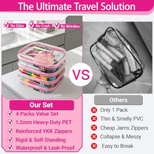 YQBRAO Clear Hard Shell Zipper Cases, 4 Medium Makeup Organizers, Pink - color: Pink, size: 4 Pack(M)