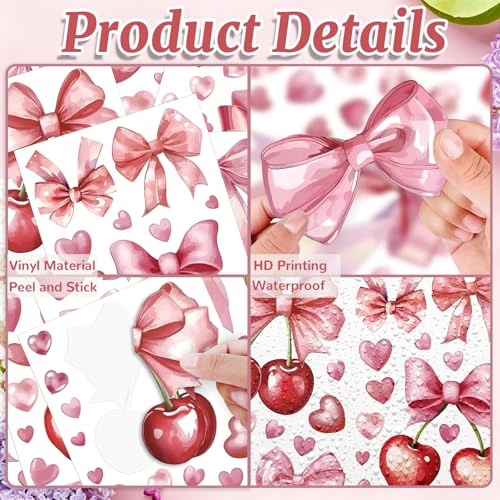 Cherry and Bow Wall Decals - 5 Sheets 68 Pcs Pink Bow Wall Stickers Coquette Bowknot Cherry Peel and Stick Wall Decals Sticker for Coquette Girls Bedroom Home Décor - color: Cherry Bow