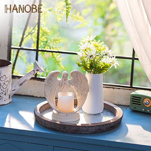 Hanobe Round Wood Decorative Tray: Rustic Wooden Tray for Coffee Table Farmhouse Centerpiece Mirror Candle Holder Vintage Mirrored Bar Plate Ottoman Topper for Home Decor Bathroom Kitchen - color: Distressed Mirror