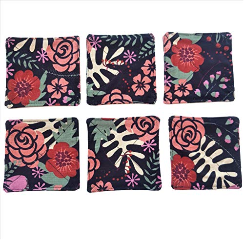 CUSHYSTORE Canvas 2 Layers Coasters Saucers Absorbant Mat Pad Floral Botanical Style Fabric for Glass Cup Drinking 4inche, 6 Pack (Navy Exotic Flowers), Navy Blue - color: Navy Blue