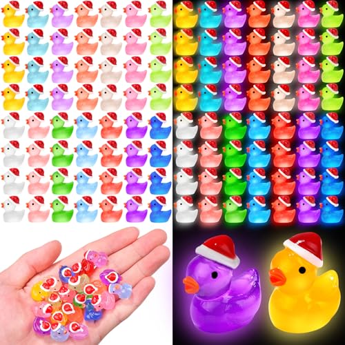 120Pcs Luminous Christmas Mini Resin Duck 14 Colors Glow in The Dark Small Duck Figurines for Miniature Christmas Decor Aquarium Ornament Dollhouse Decoration DIY Slime Craft Kit Birthday Party Favors - color: 120pcs-christmas Ducks