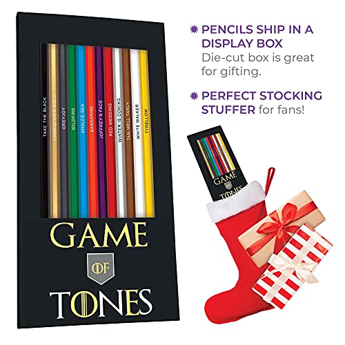Game of Tones Colored Pencil Set for Fans of Game of Thrones | Set of 12 Parody Pencils | Each Color Pencil is Foil-Stamped with Clever Show References | Great Gift for Fans - style: Game of Thrones