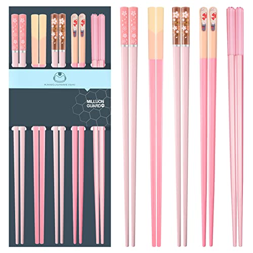 5 Pairs Pink Fiberglass Chopsticks, Non-Slip Reusable