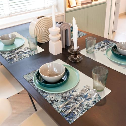 Blue Eucalyptus Floral Leaves Placemats Set of 4 12x18 Inch - color: Blue, size: Set of 4