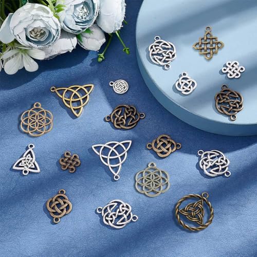 SUNNYCLUE 1 Box 56Pcs Knot Charms Celtic Knot Charm Irish Trinity Linking Connetor Charm Knots Beads Tibetan Style Flat Round Alloy Pendants for Jewelry Making Earrings DIY Supplies Adult