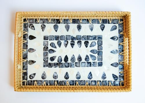 Magenta & Teal Decorative Rectangle Rattan Serving Tray 13x9 inch Mother of Pearl Inlay, Wicker Coffee Table Decor, Farmhouse (Blue Tan Star) - color: Blue Tan Star