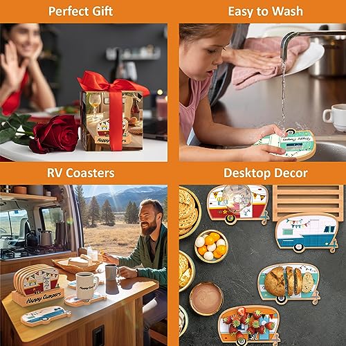 Wood Drink Coasters Set of 4, Happy Camper Cute Coasters with Holder - color: Red