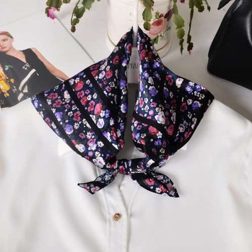 Women 100% Mulberry Silk Neck Scarf 21" Square Floral Neckerchief - color: Black Red Floral
