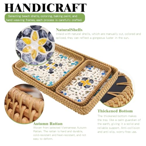 Rectangle Rattan Serving Tray with Mother of Pearl Inlay, Handmade Wicker Coffee Table Basket for Fruit Bread Food Tea Party Picnic Table Kitchen Home Boho Decor 3 Sizes (Turkish Blue) - color: Turkish Blue