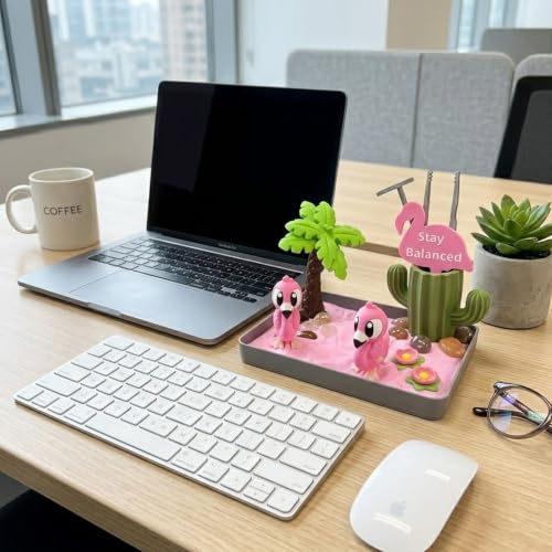 Mini Zen Garden for Desk - Cute Pink Flamingo Decor & Sand Tray Therapy Kit with Cactus Pen Holder. Funny Positive Flamingo Gifts for Women, Relaxing Office Desk Accessories (5.7"x4.1")