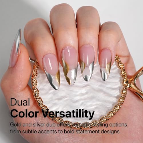 SXC Cosmetics Gel Liner Nail Art Set – Gold & Silver 2pcs Gel Liner Nail Art Chrome 3D High-Gloss Effect for Nail Paint Design with Thin Brush DIY French Manicure Curing Requires - color: Gold & Silver