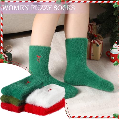 Geyoga 5 Pairs Fuzzy Bow Socks for Women Fluffy Slipper Gift - color: Red Green