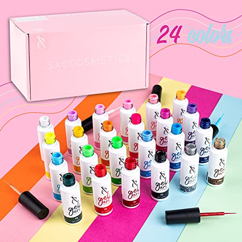 SXC Cosmetics 24-Color Gel Liner Set for Nail Art - With Built-in Thin Brush for Swirl Nail Designs and Soak-Off Gel Polish - color: 24 Colors Pro Series
