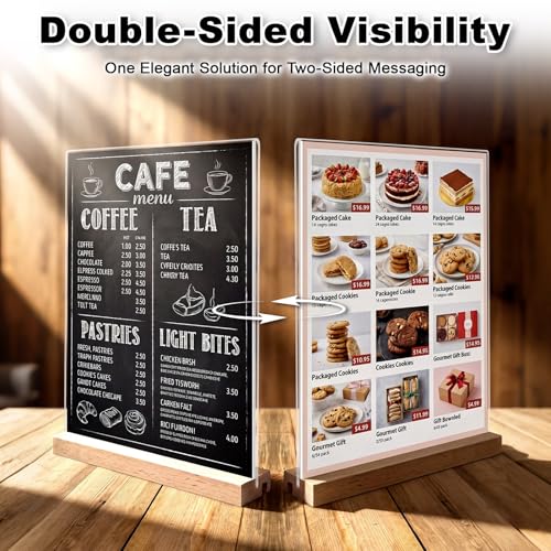 Daletu Acrylic Sign Holder 5x7 with Wood Base | 3 Packs Acrylic Tabletop Display Stand, 2 in 1 Vertical or Slant Clear Plastic Sign Frame Holder for Flyer, Menu, Retail, Buffet, Vendor, Wedding, Party - size: 3PCS (5"x7")