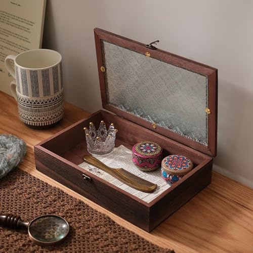 Keepsake Box - Vintage Wooden Decorative Box with Glass Lid for Jewelry, Trinket, Photo & Memory Storage (Large) - size: Large