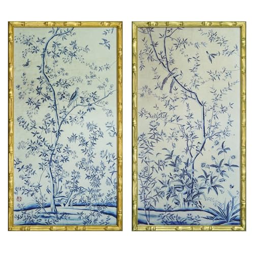 HongFengtang Chinese Rice Paper Print China Flower And Bird Bamboo Frame 19.5 X 35.8 Inches (BRIGHTGOLD A) - color: BRIGHTGOLD A, size: 35.8"L x 19.5"W