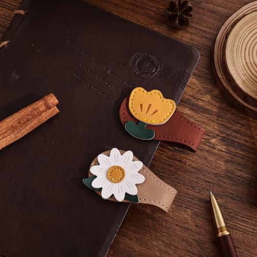 2PCS Vintage Magnetic Leather Bookmark, Leather Magnetic Bookmarks for Women, Magnetic PU Bookmarks Clip Book Accessories, Daisy & Tulip - style: Daisy & Tulip