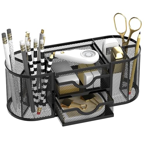 SUPEASY Mesh Desk Organizer, Pen Holder for Desk with 2 Drawers, Black - color: Obsidian Black