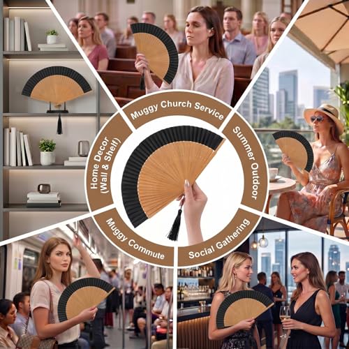 Japanese Folding Hand Fan for Women - Bamboo Silk Handheld Foldable Fan with Tassel & Pouch for Hot Flashes, Rave, Church, Gift,Wedding - Whisper-Quiet, Purse Size (Bamboo Black) - color: Bamboo Black