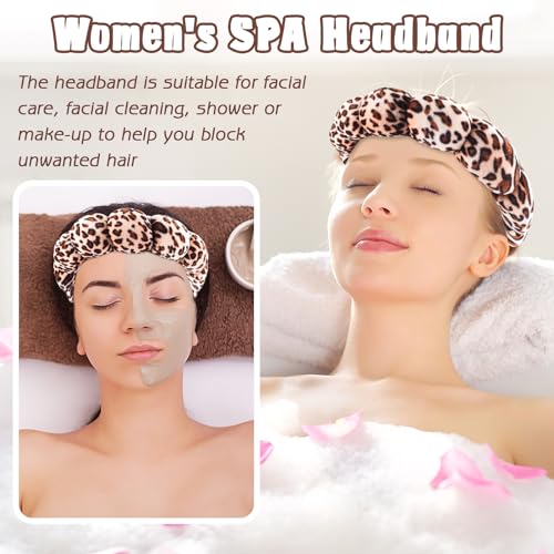 Zkptops Spa Headband for Washing Face Wristband Set Sponge Makeup Skincare Velvet Fabric Bubble Soft Get Ready Hairband for Women Girl Puffy Padded Headwear Non Slip Thick Hair Accessory(Leopard 1) - color: ZFG Gold Velvet Leopard 1