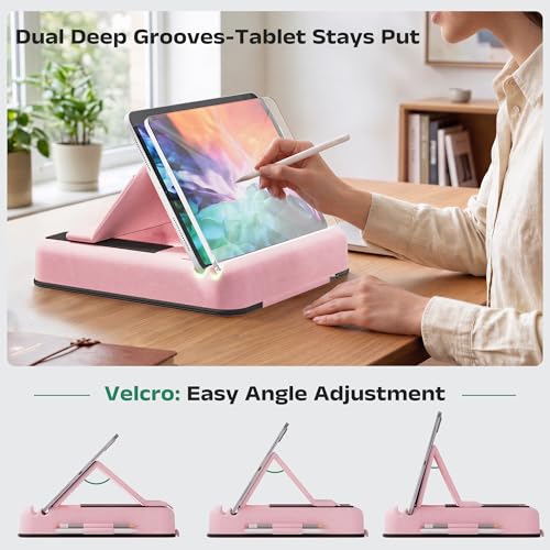 Tablet Pillow Stand, Multi-Angle Foldable iPad Holder for Bed, Sofa, Desk, Lap, Soft Pad Dock with Storage Pocket & Stylus Mount, for 4.7-13" Devices iPad,iPhone,E-Reader,Books (Pink) - color: Pink