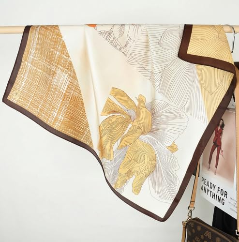corciova Women’s Square Scarf 27.5 in (70 x 70 cm), Satin-Feel Polyester, Lightweight Fashion Scarf for Hair, Neck and Bag - color: Floral Line Art (Beige / Orange / Brown)