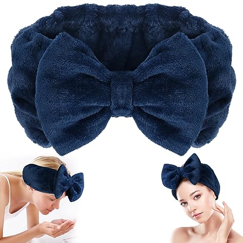 Shintop Soft Face Wash Headband with Cute Bow for Makeup Spa（Navy blue） - color: Navy blue