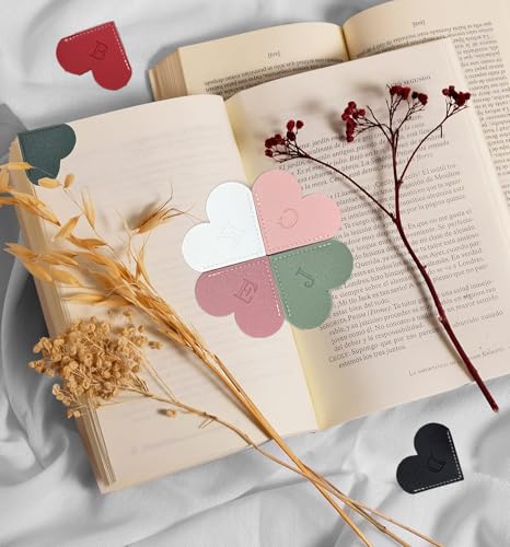 4Pcs Personalized Leather Heart Bookmark26 Letters Customized Corner Book Mark for Reading, Book Holder Markers with Initials Page Accessories Cute Gifts (Light Pink+Deep Pink+Green+Light Brown, A) - color: Light Pink+deep Pink+green+light Brown, size: A