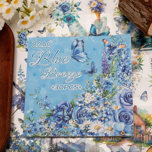 Blue Butterfly Garden Theme Sticker Scrapbooking Supplies for Junk Journal, 30 Sheets PET Stickers - Vintage Journaling Stickers, Ephemera Sticker Book Pre Cut(TZ-005-002) - color: The Blue Wind