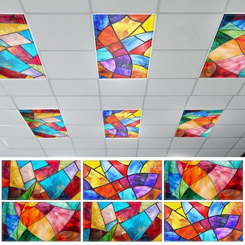 6 Pcs Fluorescent Light Covers with 60 Magnets Decorative for Classroom Ceiling Lights 4 x 2 Feet Magnetic Light Cover Filter Easy Install for Office Hospital Home Ceiling Supplies (Stained Glass) - color: Stained Glass