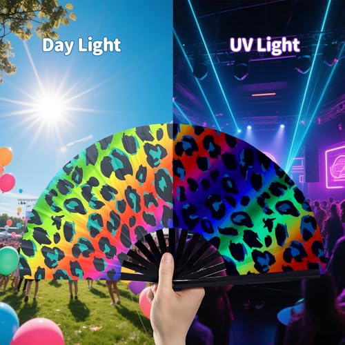 EOSAU Large UV Glow Rave Fan, Folding Hand Fans for Line Dancing, Leopard - color: 13" Leopard Print
