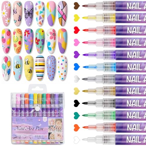 Biutee 12 Colors Nail Art Pens Set, 3D Nail Polish Pens 0.7mm Quick-Drying - color: MulticolorC