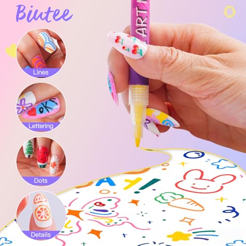 Biutee 12 Colors Nail Art Pens Set, 3D Nail Polish Pens 0.7mm Quick-Drying - color: MulticolorC