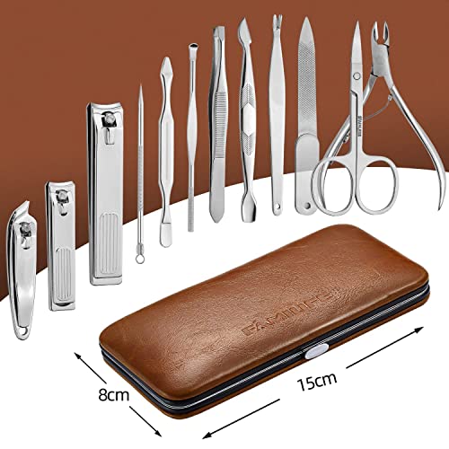 FAMILIFE Manicure Set, Professional Nail Kit Nail Clipper Set, 12PCS Stainless Steel Manicure Kit, with Brown Leather Travel Case Luxury Gifts for Him - color: Light-brown
