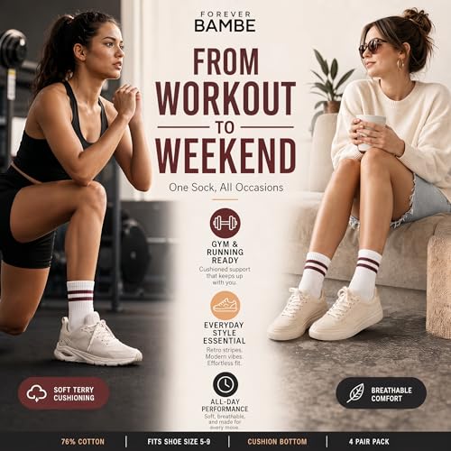 Forever Bambe Mini Crew Socks for Women 4-Pack Cushioned Bottom Retro Striped Socks - Athletic Women's Short Calf Sock - color: 1 - Pastels