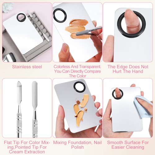 4 Pcs Makeup Mixing Palette with Flat Foundation Brush Dual-Head Make Up Spatula Triangle Powder Puffs, Foundation Palette for Women Girl Korean Facial Cosmetic, Nail Art, Pigment Blending