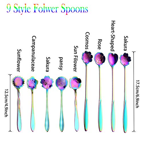 9 Pcs Flower Spoon Coffee Teaspoon, ESRISE Stainless Steel Tea Spoon(Multi) - color: Multicolor
