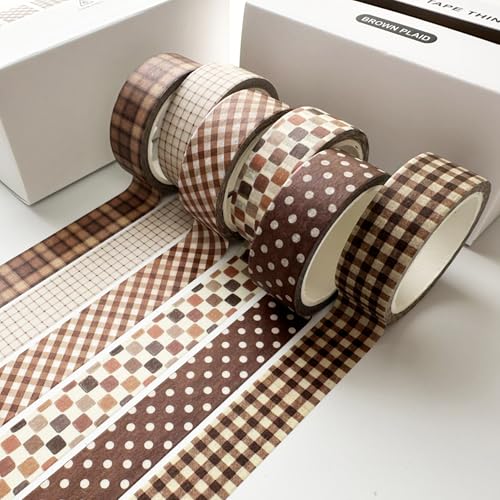 YUBBAEX 6 Rolls Plaid Washi Tape Set, Grid Pattern Masking Tape Classic Checkered Design Decorative for DIY Crafts, Bullet Journal Supplies, Planners, Scrapbook, Card/Gift Wrapping (Brown) - color: Brown