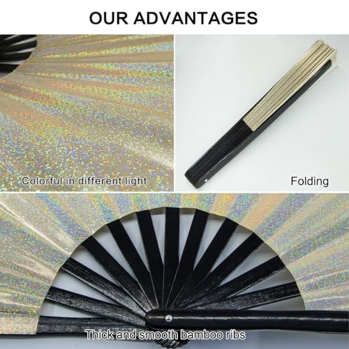 Large Rave Fan, Clack Folding Hand Fan with Premium Fabric, Thick Bamboo Frame for Men Women Gift for EDM, Festival, Club, Party, Dance, Decoration (Lridescent Beige, 13") - color: Lridescent Beige, size: 13"
