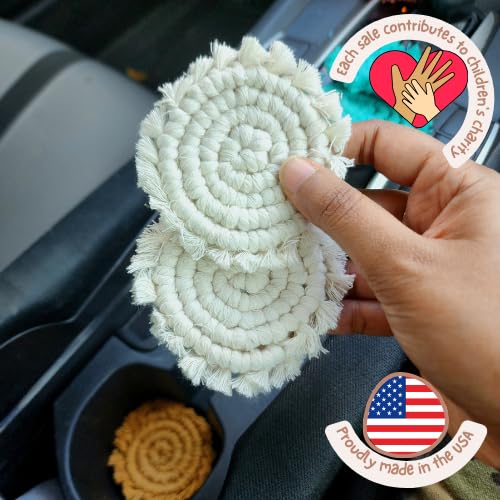Cotton Car Coasters for Cup Holders, 2PC Car Cup Coasters, Drink Coaster Holder, Cute cupholder Coaster Accessories for Women, Macrame, Boho (Vanilla White) - color: Vanilla White