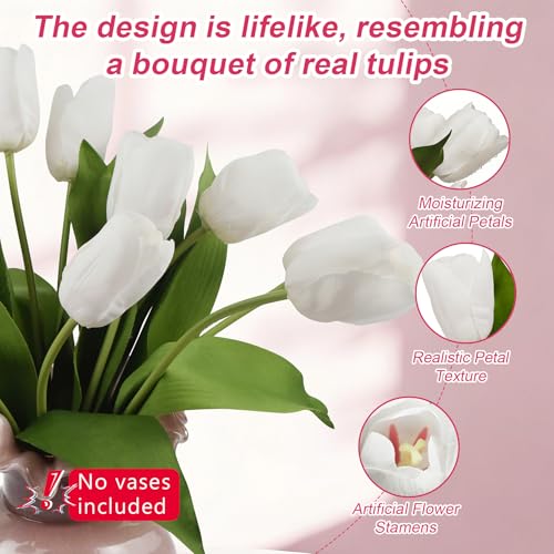 10 Stems 14 Inch Tulips Artificial Flowers Realistic Faux Flowers - color: White