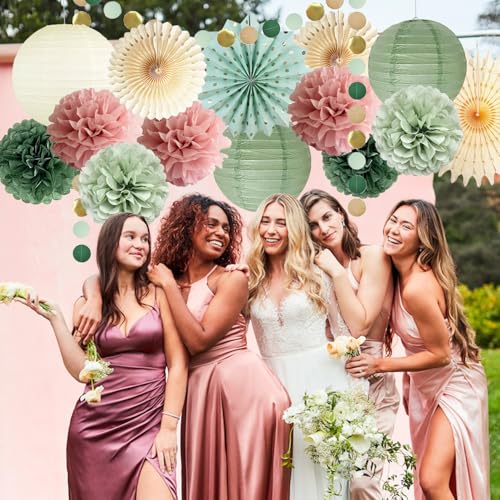 Sage Green and Dusty Pink Party Decorations Green & Pink Party Decor Sage Tissue Pom Poms Paper Lanterns Beige Paper Fans for Women Girls Birthday Wedding Bridal Shower Baby Shower Party Decor