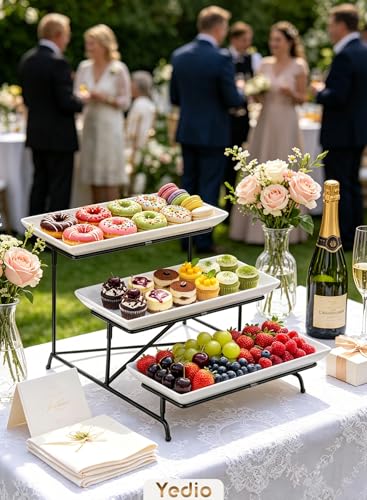 3 Tier Serving Tray Set 14 Inch Porcelain Tiered Serving Trays Platters, Collapsible Sturdier Stand with Stable Cross Bars, Three Layer Serving for Party Entertaining Food Display Fruit Dessert - color: Black, size: 15" x 13" x 9"