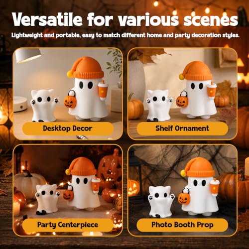 Cute Cat Halloween Ghost Figurine with Pumpkin Bucket and Orange Drink - color: Orange Pumpkin Kitten Ghost