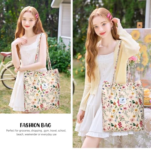 Ayieyill Corduroy Tote Bag for Women Canvas Shoulder Cord Purse with Inner Pocket - color: Beige/Vintage Flowers