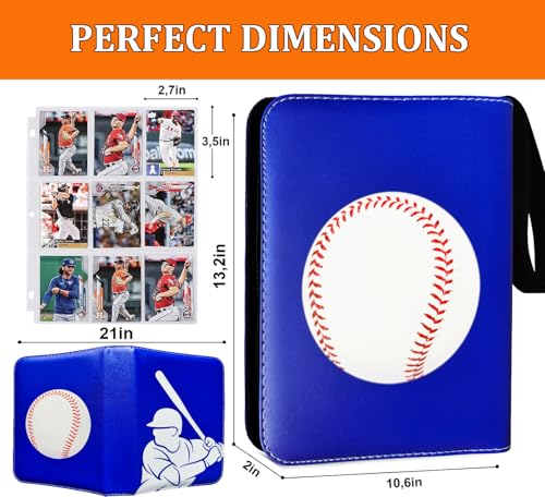 Baseball Card Binder 900 Pockets – 9 Pocket Trading Card Binder with 50 Sleeves, Large Baseball Card Album Folder, 3 Ring Zipper Holder Book for Sport Cards Collection Storage, Waterproof PU Leather - color: Blue Baseball, size: 900 Pockets