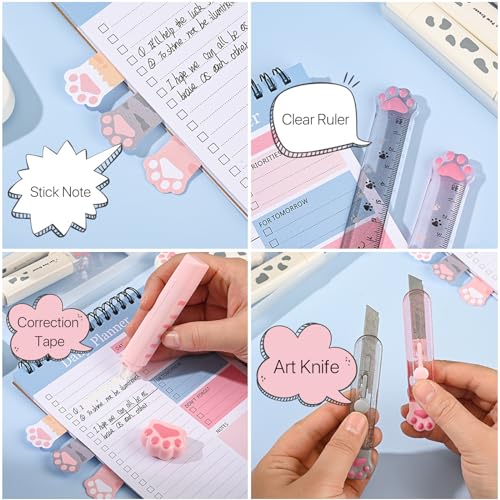 9 Pcs Cute Cat Paw Stationery Set Pencil Sharpener Retractable Eraser Correction Tape Sticky Notes Ruler Mini Scissors Utility Cutter School Office Supplies (Pink1)