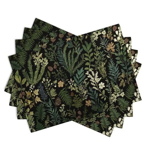 Black Sage Green Plant Placemats Set of 4 Vintage Botanic Fern Leaves Herb Floral Place Mats Rustic Farmhouse Linen Fabric Table Mats for Party Kitchen Dining Outdoor Indoor Decor - color: Black Sage Green Plant